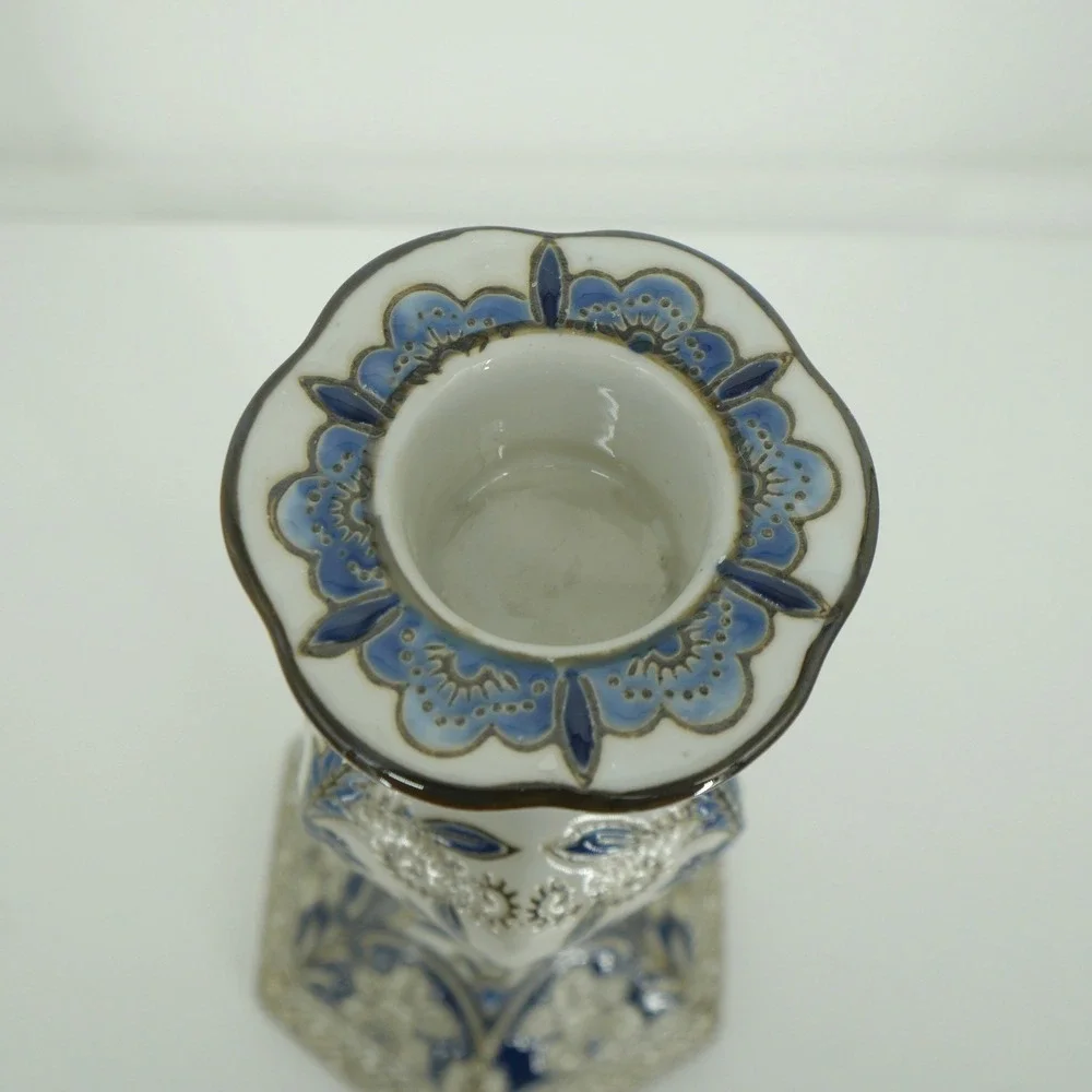 Unbranded Candlestick Holder Home Decor 10.75in Blue White Gold Floral Ceramic
